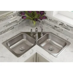 Elkay Dayton 32" Stainless Steel Corner Kitchen Sink, 45/55 Double Bowl, 20 Gauge, Elite Satin, 3 Faucet Hole, DE217323, 3-Hole