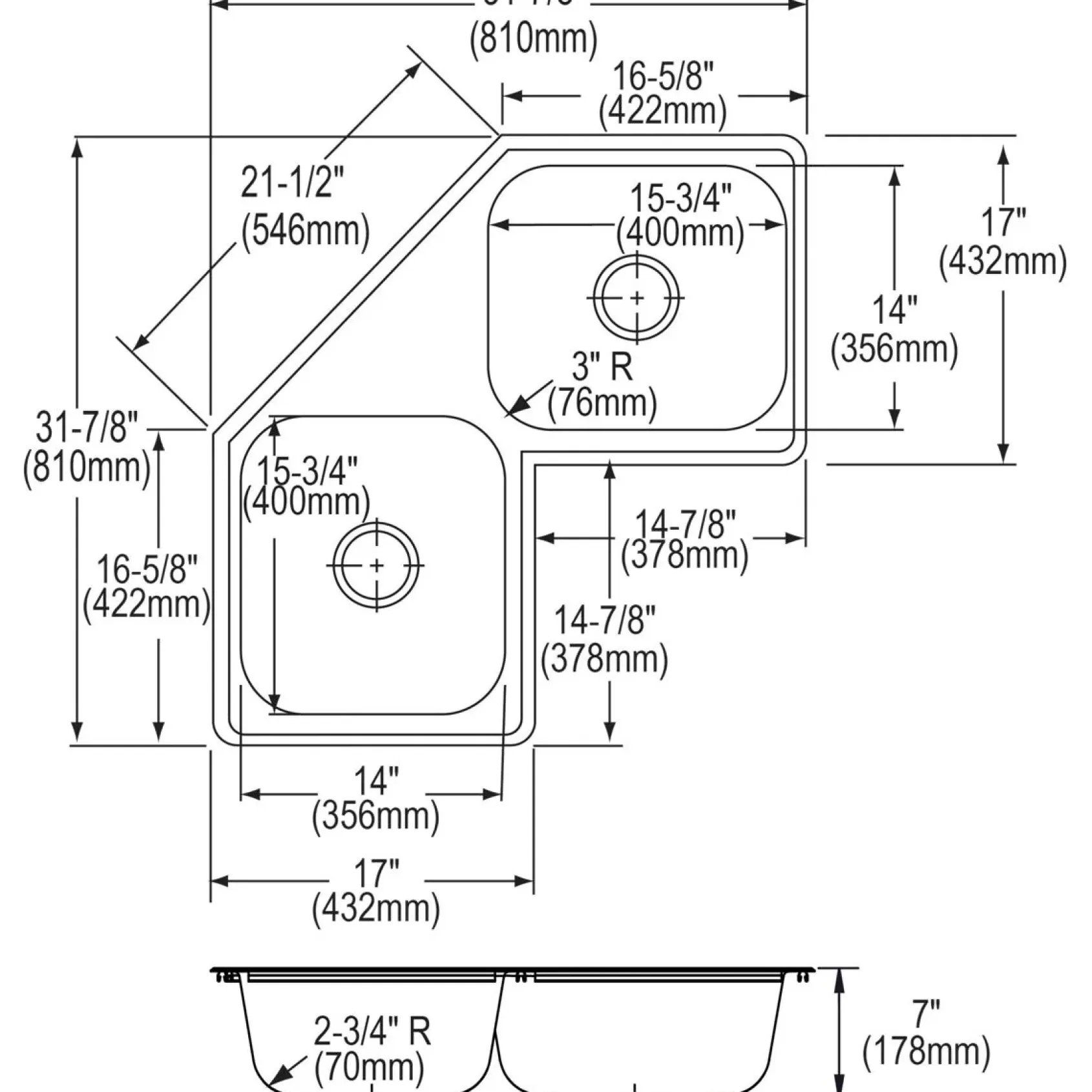 Elkay Dayton 32" Stainless Steel Corner Kitchen Sink, 45/55 Double Bowl, 20 Gauge, Elite Satin, 3 Faucet Hole, DE217323, 3-Hole
