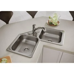 Elkay Dayton 32" Stainless Steel Corner Kitchen Sink, 45/55 Double Bowl, 20 Gauge, Elite Satin, 4 Faucet Hole, DE217324, 4-Hole
