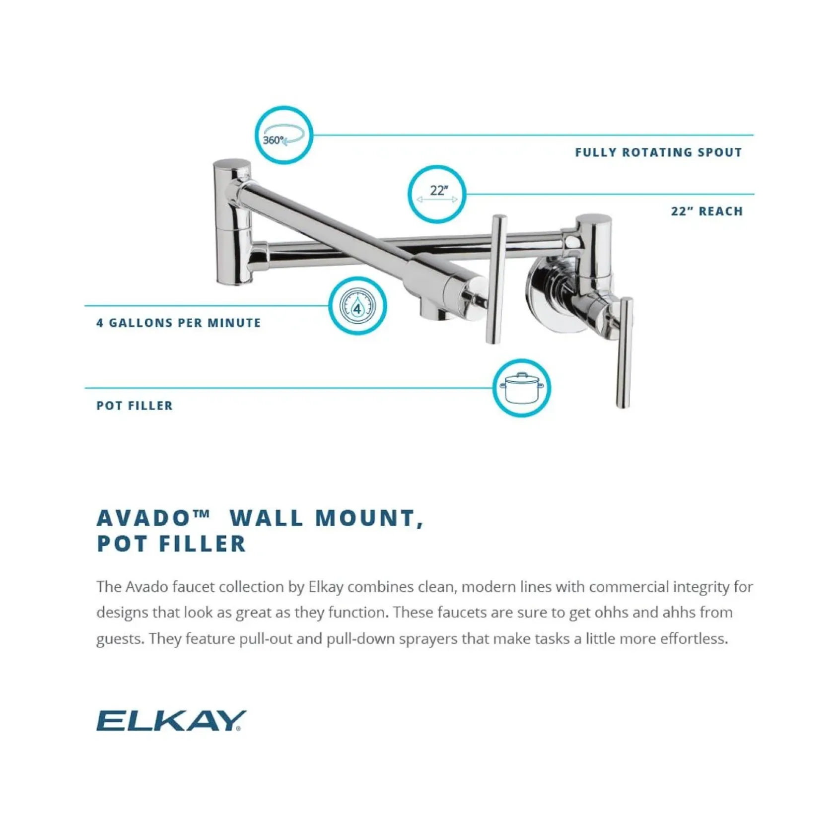 Elkay LKAV4091LS Avado Wall Mount Single Hole Pot Filler Kitchen Faucet with Lever Handles Lustrous Steel