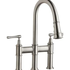 Elkay LKEC2037LS Explore Three Hole Bridge Faucet with Pull-down Spray and Lever Handles Lustrous Steel