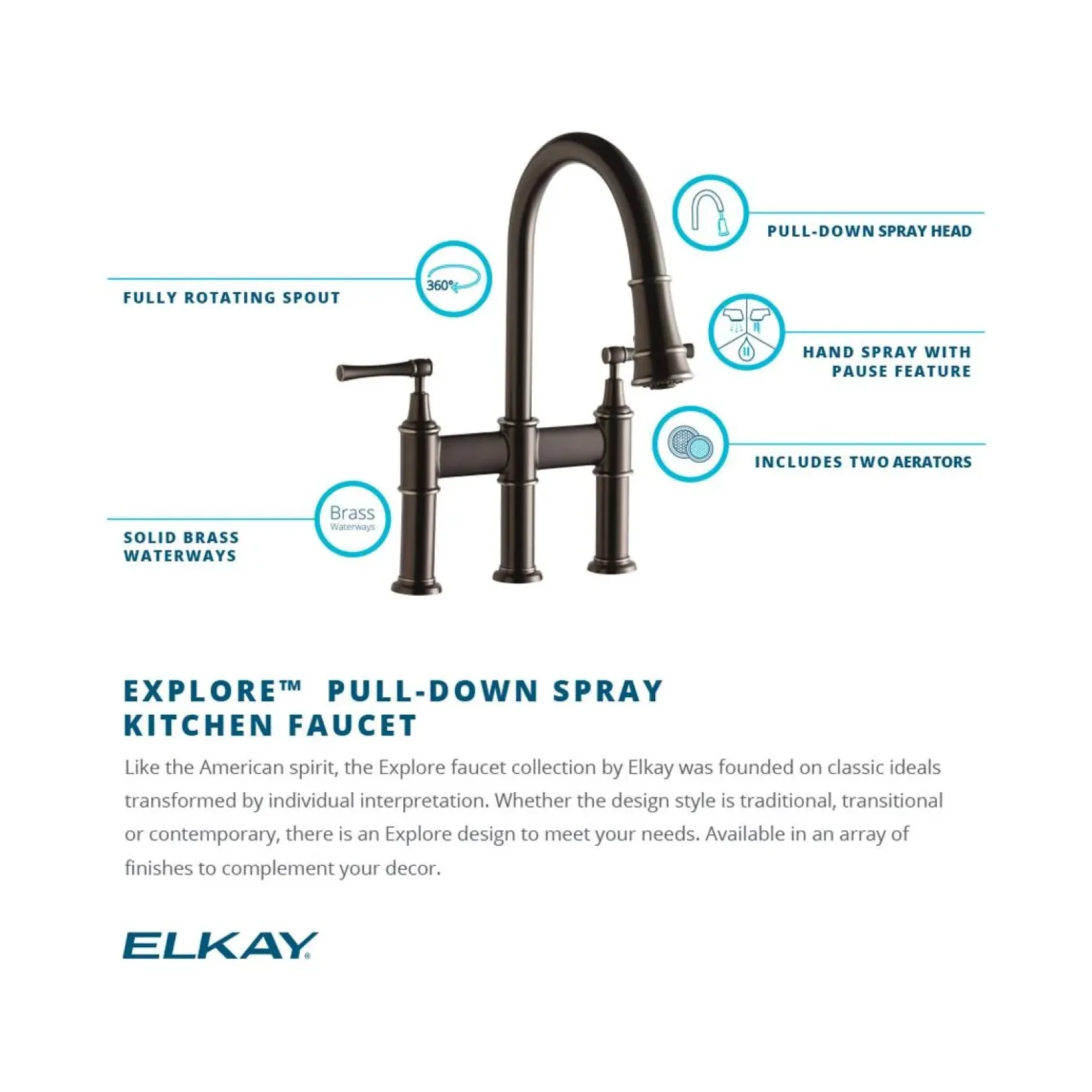 Elkay LKEC2037LS Explore Three Hole Bridge Faucet with Pull-down Spray and Lever Handles Lustrous Steel