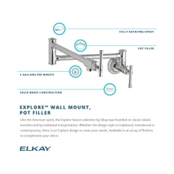Elkay LKEC2091PN Explore Wall Mount Single Hole Pot Filler Kitchen Faucet with Lever Handles Polished Nickel