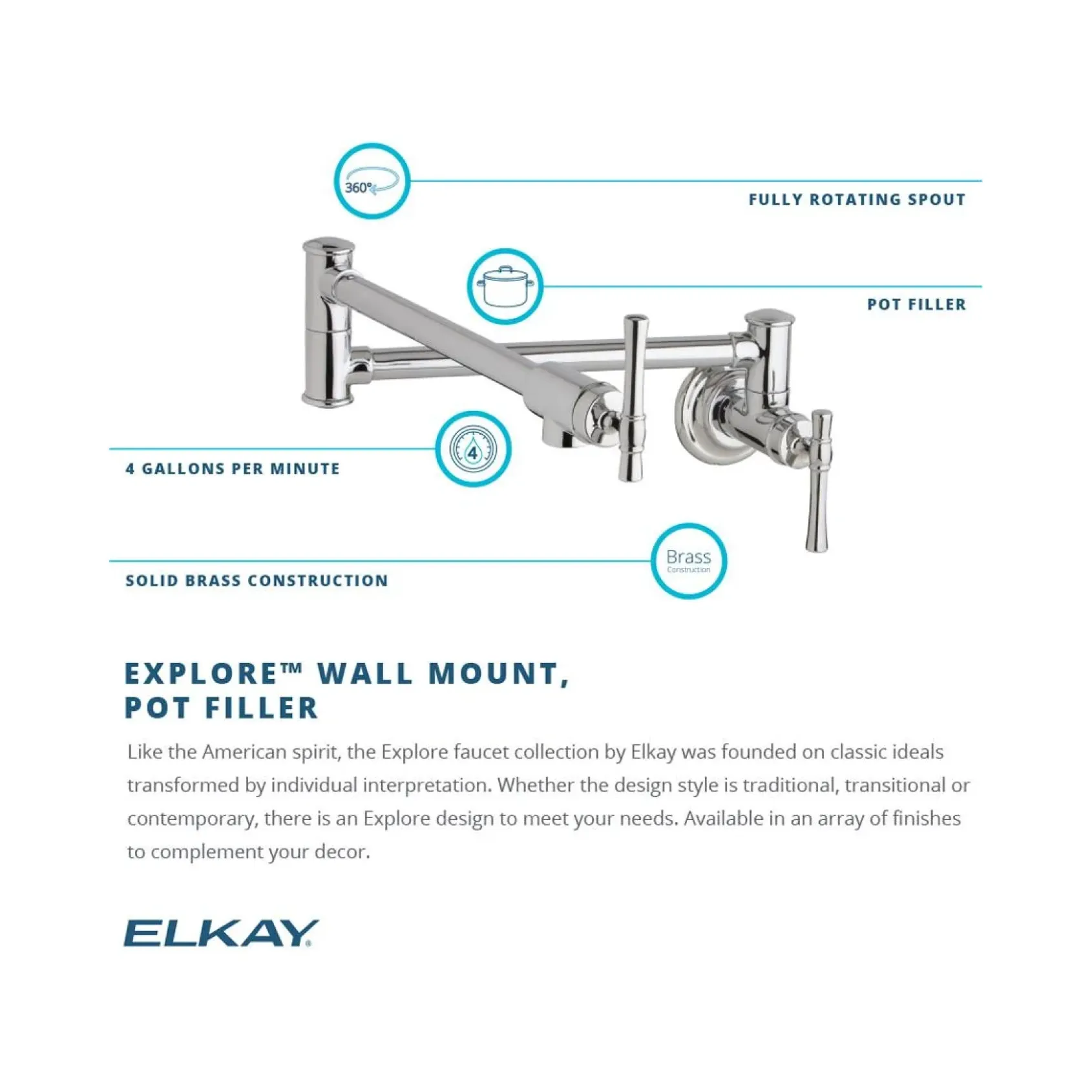 Elkay LKEC2091PN Explore Wall Mount Single Hole Pot Filler Kitchen Faucet with Lever Handles Polished Nickel