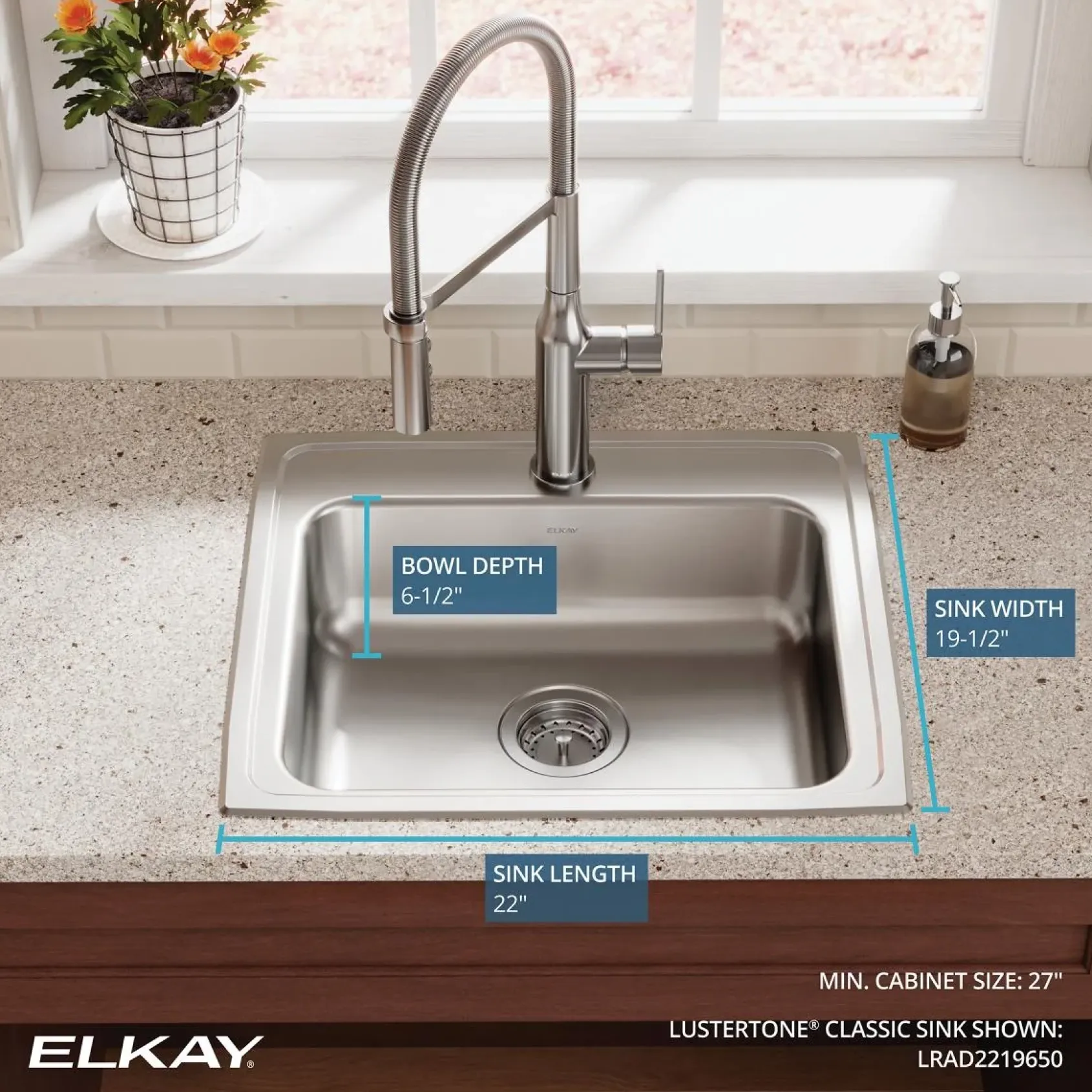 Elkay Lustertone Classic 22" Drop In/Topmount Stainless Steel ADA Kitchen Sink, Lustrous Satin, 18 Gauge, LRAD2219650