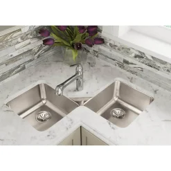 Elkay Lustertone Classic 32" Stainless Steel Corner Kitchen Sink, 50/50 Double Bowl, Lustrous Satin, ELUH3232