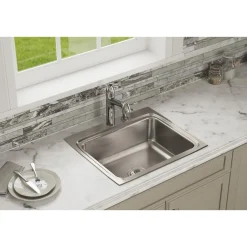 Elkay Lustertone Classic 25" Drop In/Topmount Stainless Steel Kitchen Sink, 4 Faucet Holes, LRQ25224