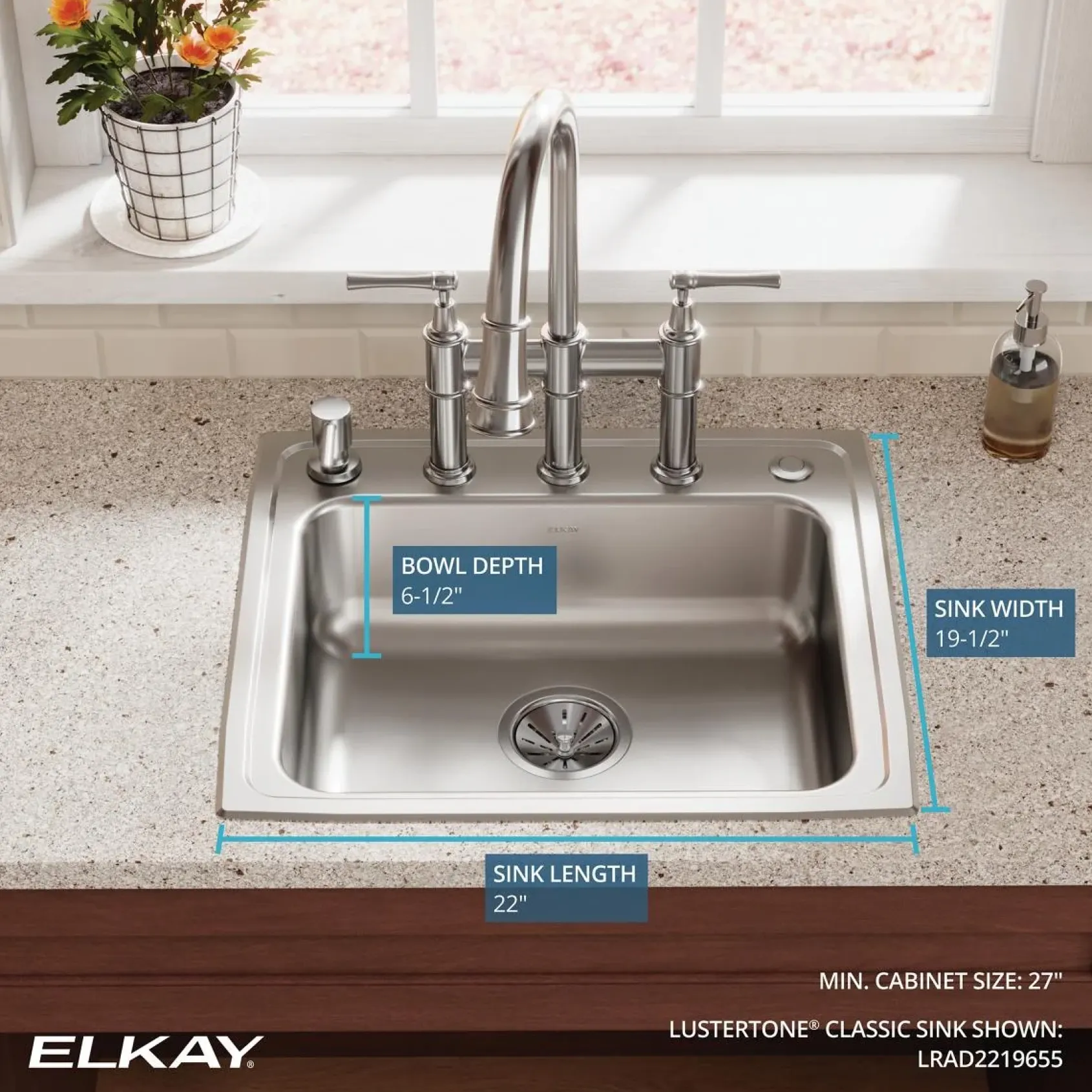 Elkay Lustertone Classic 22" Drop In/Topmount Stainless Steel ADA Kitchen Sink, Lustrous Satin, 5 Faucet Holes, LRAD2219655