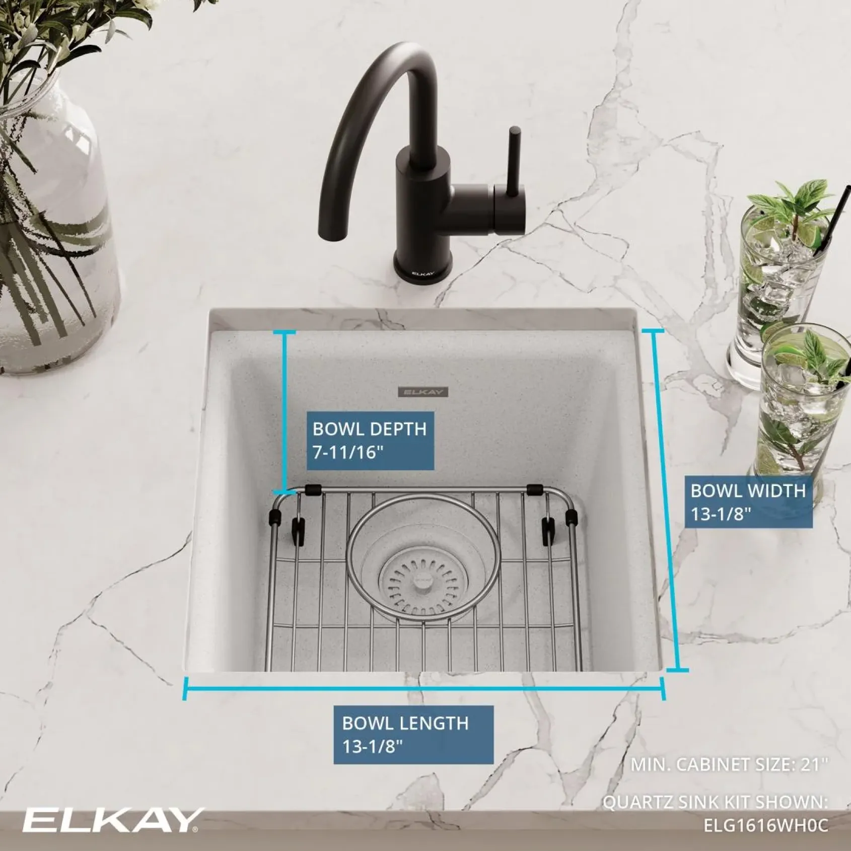 Elkay Quartz Classic 16" Rectangular Quartz Bar/Prep Sink Kit, White, ELG1616WH0C