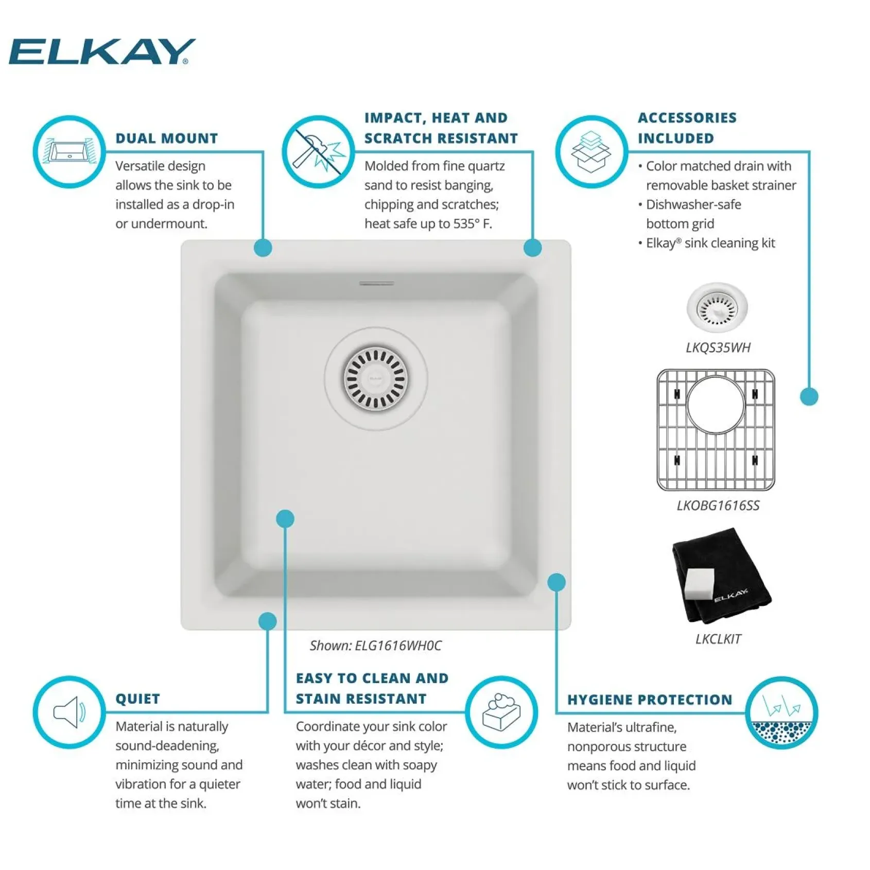 Elkay Quartz Classic 16" Rectangular Quartz Bar/Prep Sink Kit, White, ELG1616WH0C
