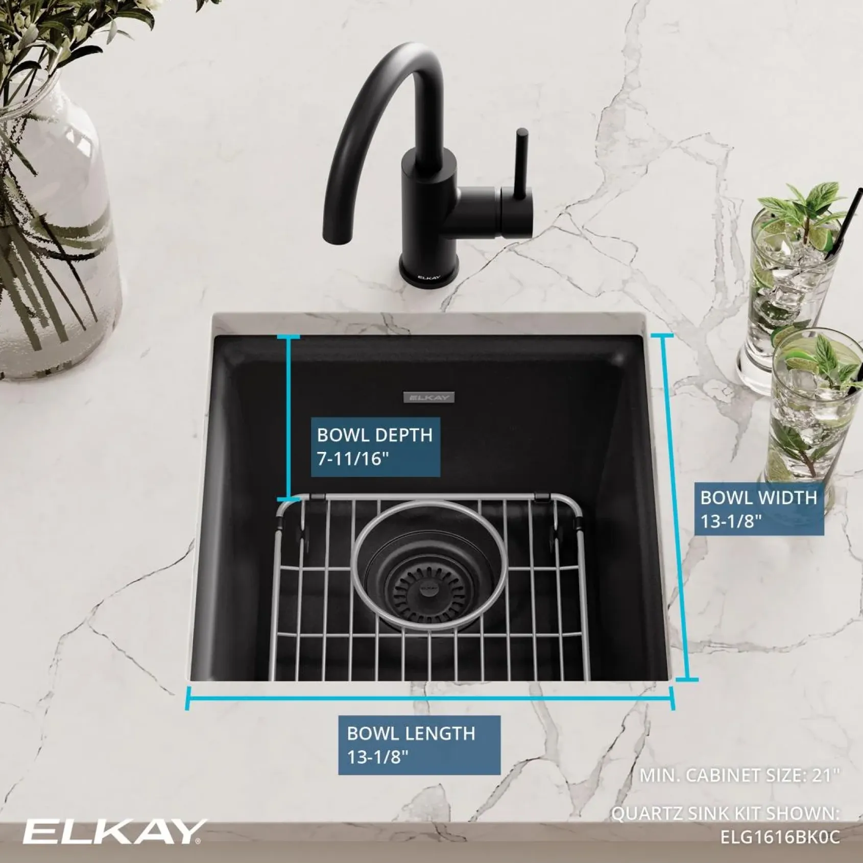 Elkay Quartz Classic 16" Rectangular Quartz Bar/Prep Sink Kit, Black, ELG1616BK0C