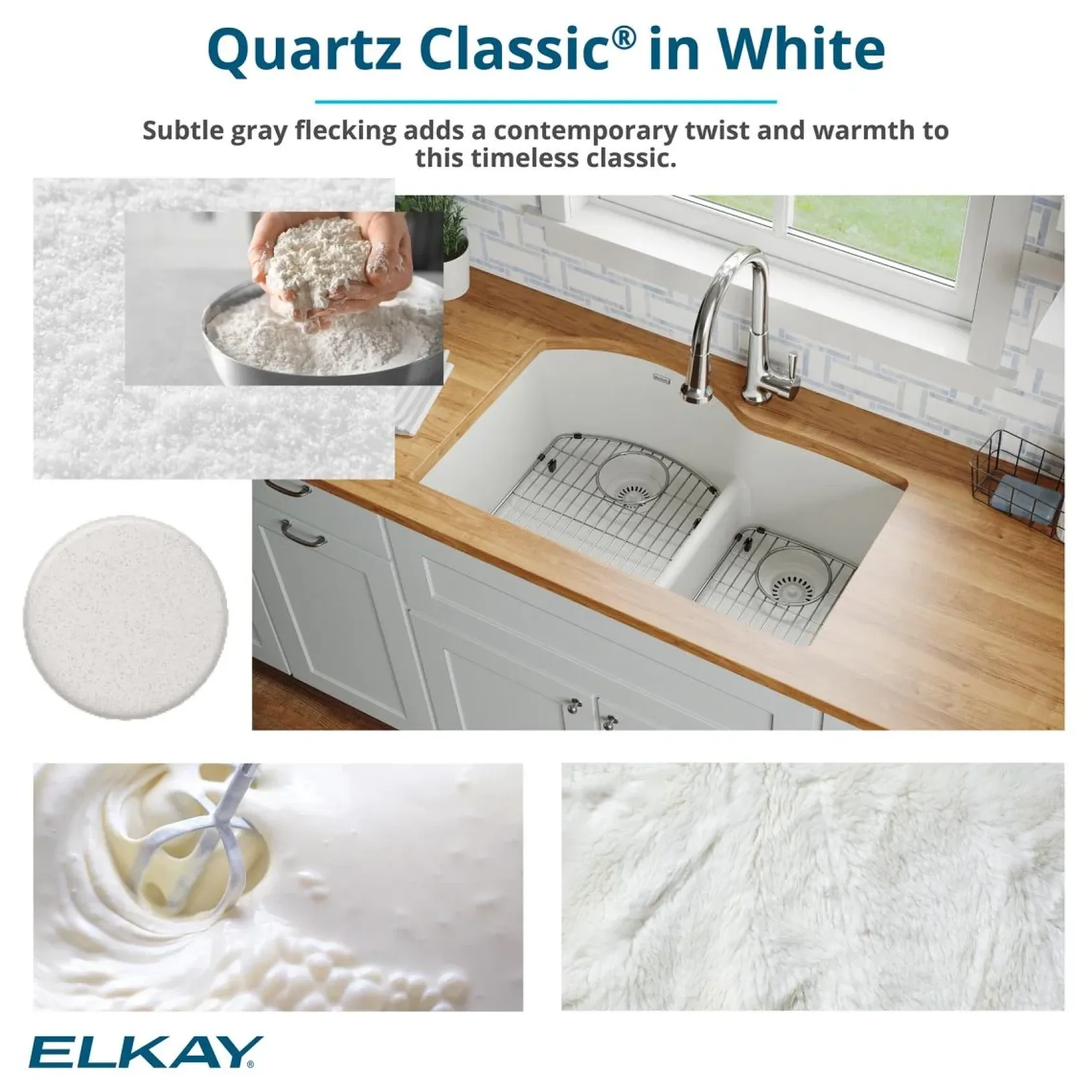 Elkay Quartz Classic 25" Undermount Quartz Kitchen Sink Kit, White, ELGU2522WH0C