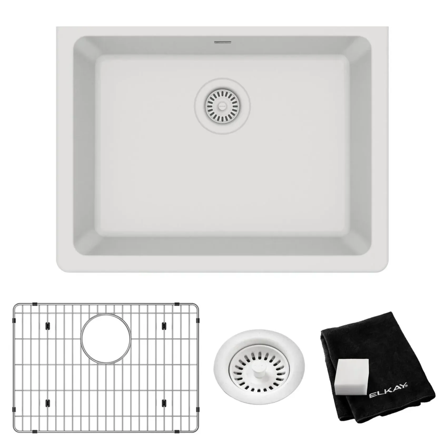 Elkay Quartz Classic 25" Undermount Quartz Kitchen Sink Kit, White, ELGU2522WH0C