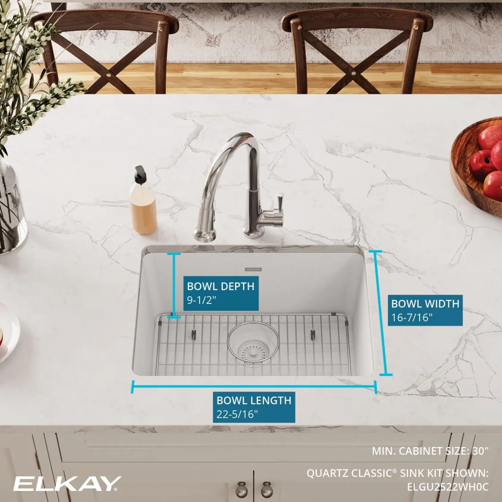 Elkay Quartz Classic 25" Undermount Quartz Kitchen Sink Kit, White, ELGU2522WH0C