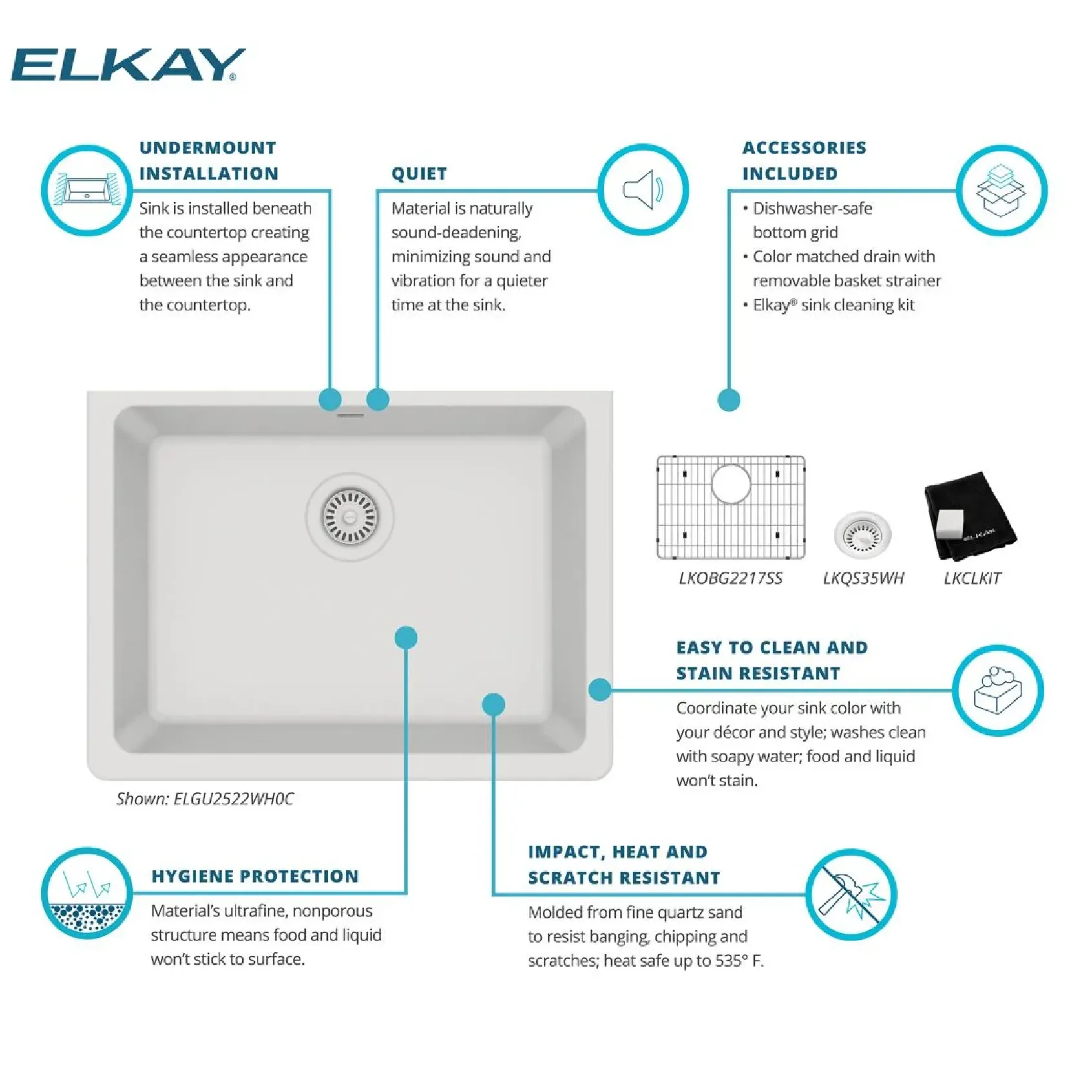 Elkay Quartz Classic 25" Undermount Quartz Kitchen Sink Kit, White, ELGU2522WH0C