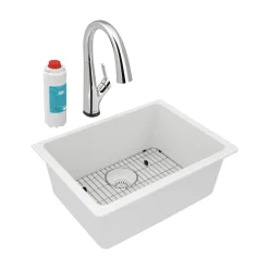 Elkay Quartz Classic 25" Undermount Quartz Kitchen Sink Kit with Faucet, Single Bowl White, ELGU2522WH0FLC