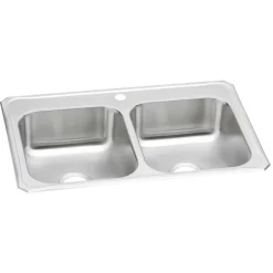 Elkay Celebrity 33" Drop In/Topmount Stainless Steel Kitchen Sink, 50/50 Double Bowl, Brushed Satin, 1 Faucet Hole, CR33221