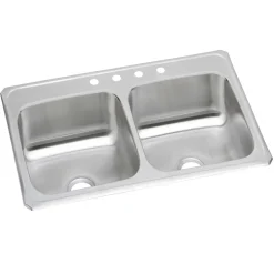 Elkay Celebrity 33" Drop In/Topmount Stainless Steel Kitchen Sink, 50/50 Double Bowl, Brushed Satin, 4 Faucet Holes, CR33214