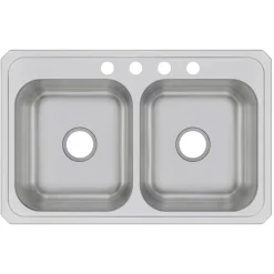Elkay Celebrity 33" Drop In/Topmount Stainless Steel Kitchen Sink, 50/50 Double Bowl, Brushed Satin, 4 Faucet Holes, CR33214