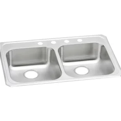 Elkay Celebrity 33" Stainless Steel Kitchen Sink, 50/50 Double Bowl, Brushed Satin, 4 Faucet Hole, GECR33214