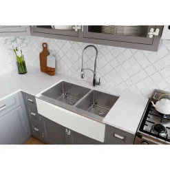 Elkay Crosstown 36" Stainless Steel Farmhouse Kitchen Sink for Interchangeable Apron, 55/65 Double Bowl, 16 Gauge, Polished Satin, CTXF234179C