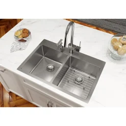 Elkay Crosstown 33" Stainless Steel Kitchen Sink, 50/50 Double Bowl, 18 Gauge, Sink Kit, Polished Satin, 2 Faucet Hole, ECTSR33229TBG2
