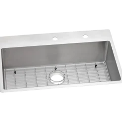 Elkay Crosstown 33" Stainless Steel Kitchen Sink Kit, Polished Satin, FR2 Faucet Hole, ECTSRS33229TBGFR2