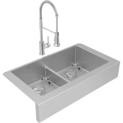 Elkay Crosstown 36" Stainless Steel Farmhouse Sink with Faucet, 50/50 with Aqua Divide Double Bowl, Polished Satin, 18 Gauge, ECTRUFA32179FBC