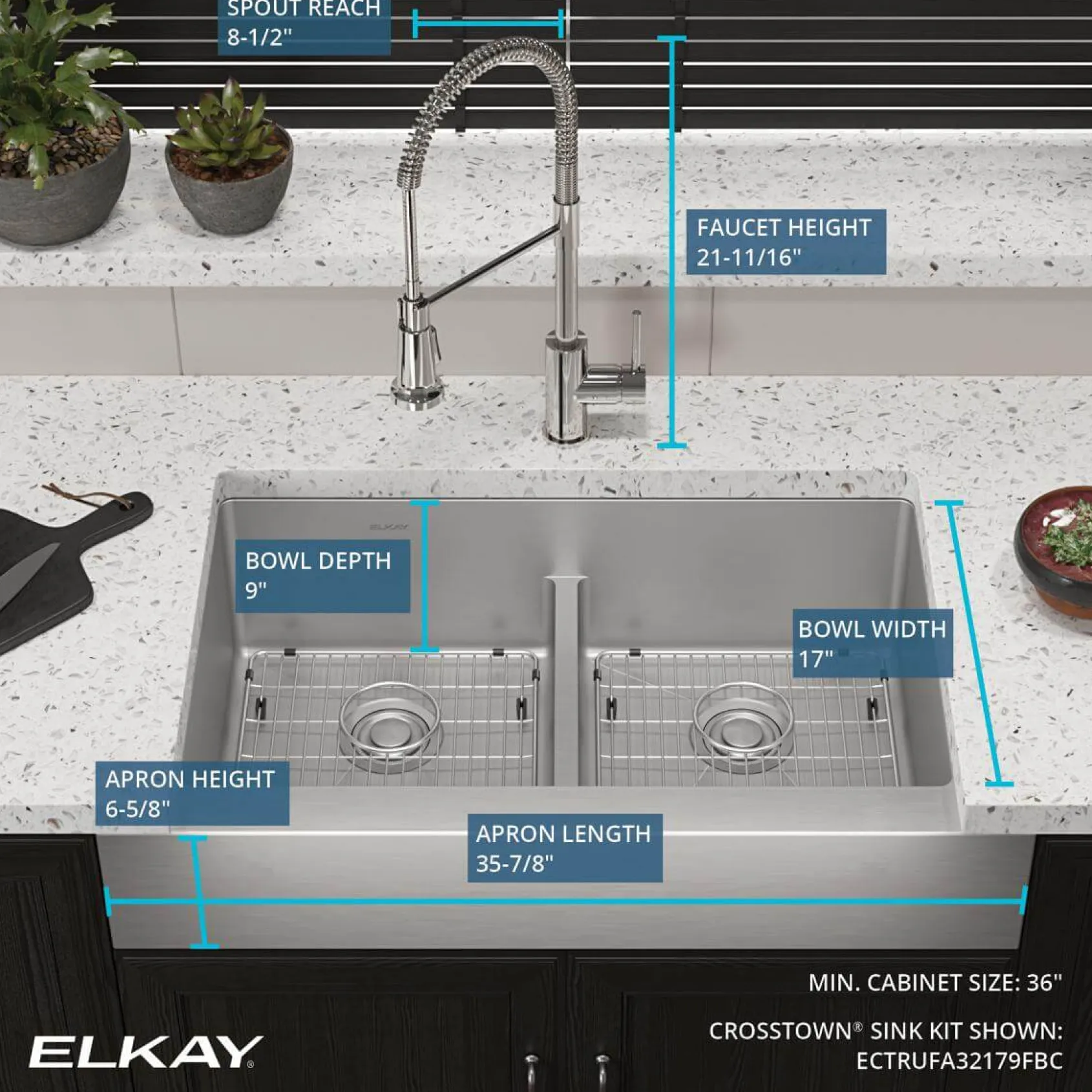 Elkay Crosstown 36" Stainless Steel Farmhouse Sink with Faucet, 50/50 with Aqua Divide Double Bowl, Polished Satin, 18 Gauge, ECTRUFA32179FBC