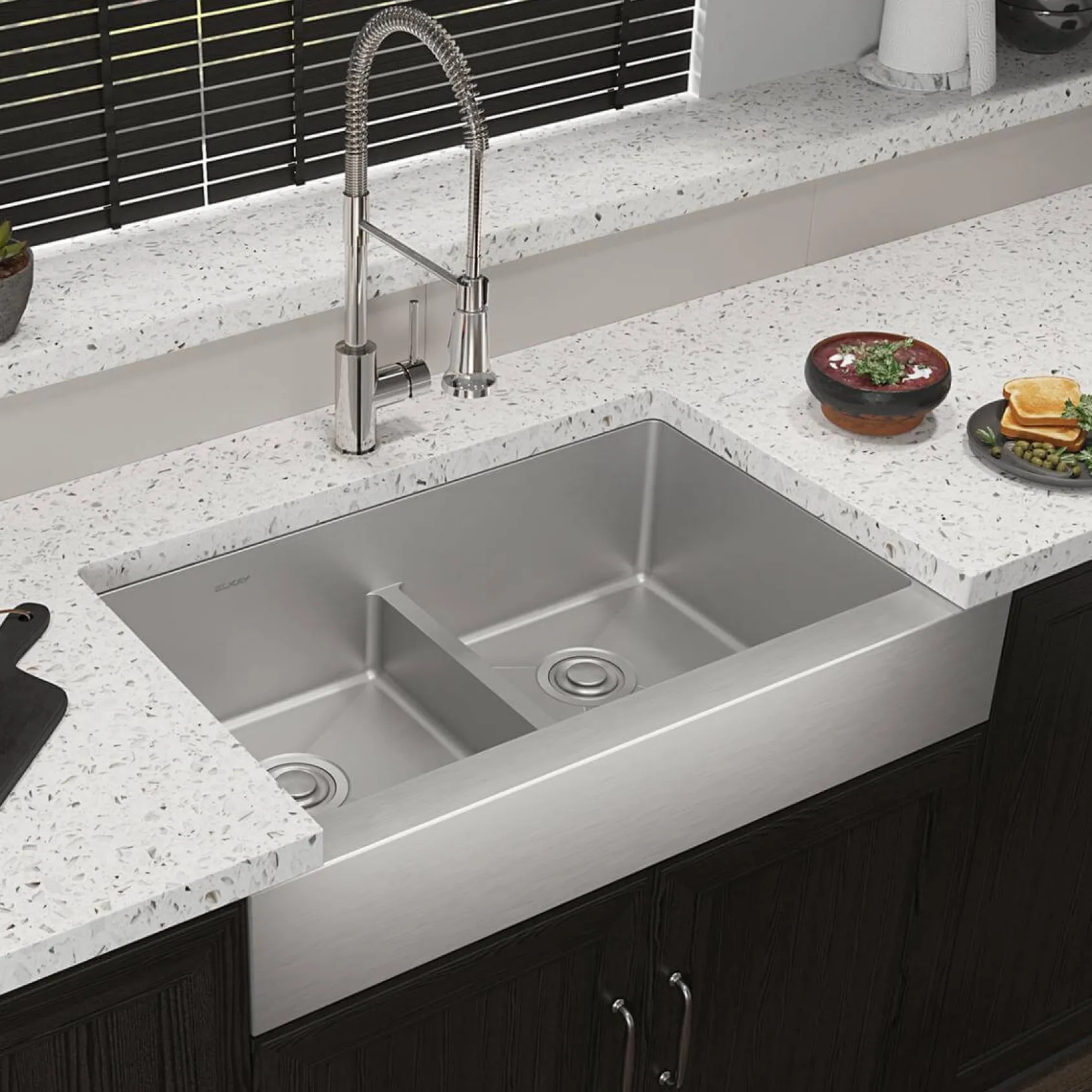 Elkay Crosstown 36" Stainless Steel Farmhouse Sink with Faucet, 50/50 with Aqua Divide Double Bowl, Polished Satin, 18 Gauge, ECTRUFA32179FCC