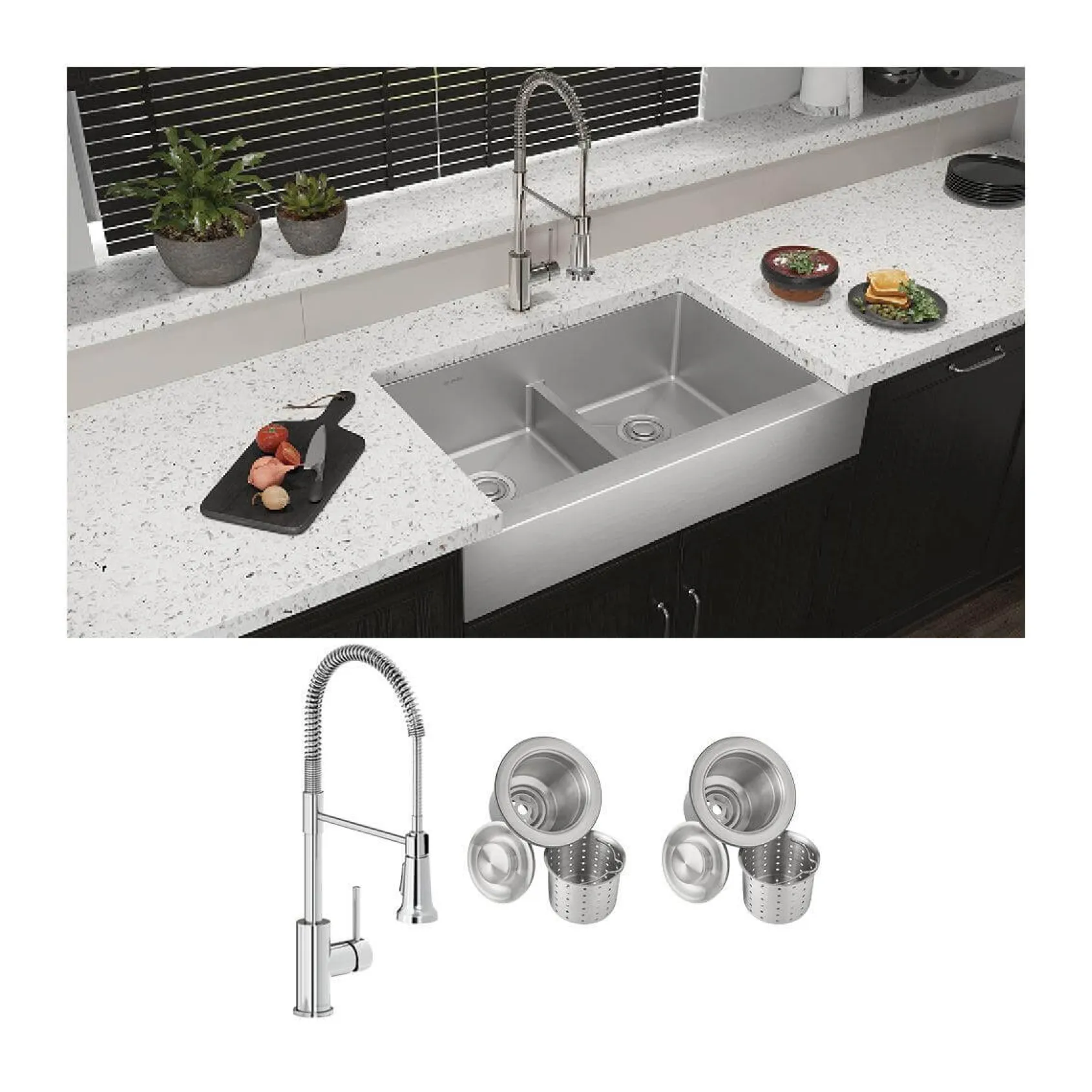 Elkay Crosstown 36" Stainless Steel Farmhouse Sink with Faucet, 50/50 with Aqua Divide Double Bowl, Polished Satin, 18 Gauge, ECTRUFA32179FCC