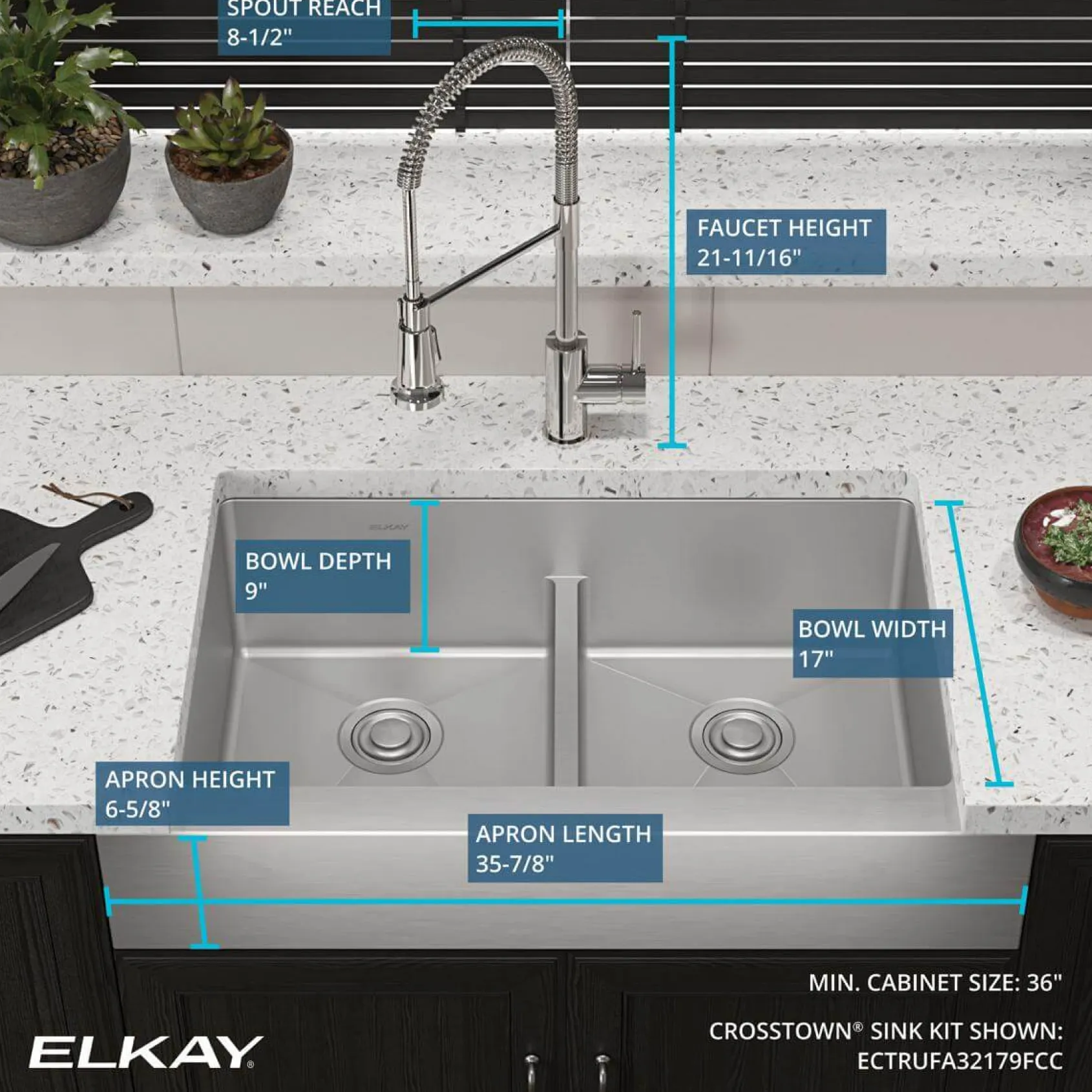 Elkay Crosstown 36" Stainless Steel Farmhouse Sink with Faucet, 50/50 with Aqua Divide Double Bowl, Polished Satin, 18 Gauge, ECTRUFA32179FCC