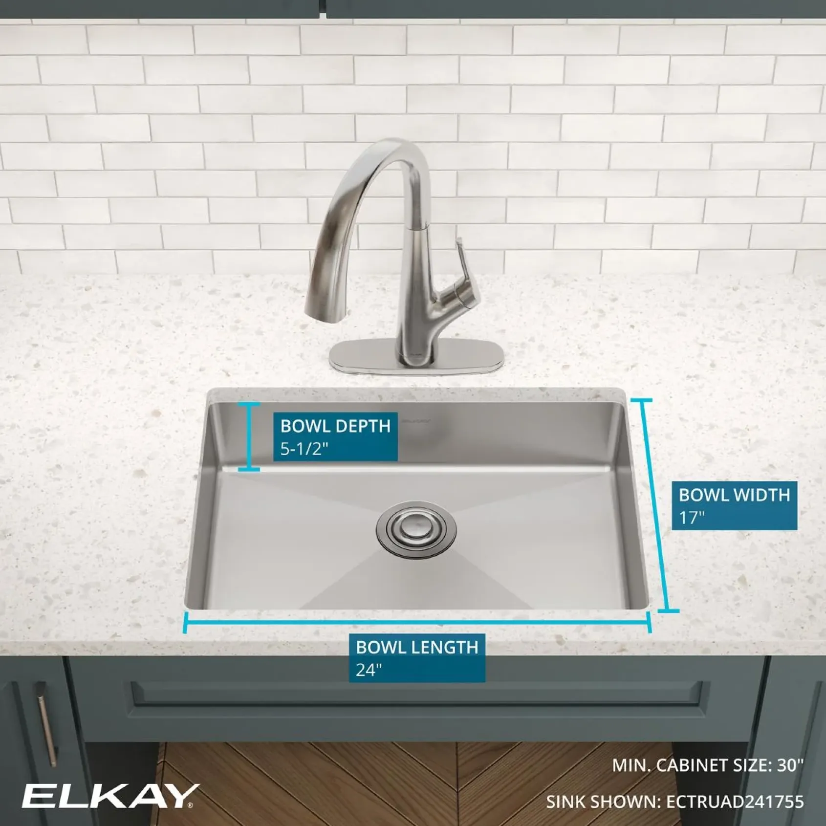 Elkay Crosstown 26" Undermount Stainless Steel ADA Kitchen Sink, Polished Satin, 18 Gauge, ECTRUAD241755