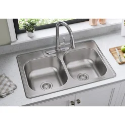 Elkay Dayton 33" Stainless Steel Kitchen Sink, 50/50 Double Bowl, 20 Gauge, Elite Satin, 3 Faucet Hole, DSE233223