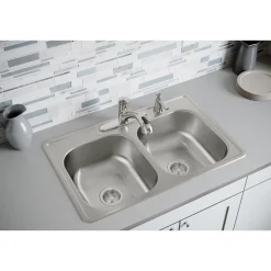 Elkay Dayton 33" Stainless Steel Kitchen Sink, 50/50 Double Bowl, 20 Gauge, Elite Satin, 4 Faucet Hole, DSE233214