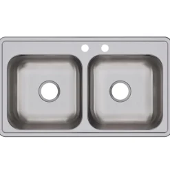 Elkay Dayton 33" Stainless Steel Kitchen Sink, 50/50 Double Bowl, 20 Gauge, Elite Satin, MR2 Faucet Hole, DSE23319MR2