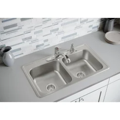 Elkay Dayton 33" Stainless Steel Kitchen Sink, 50/50 Double Bowl, 20 Gauge, Elite Satin, 1 Faucet Hole, DSE233191