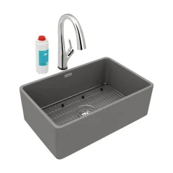 Elkay 30" Fireclay Farmhouse Sink Kit with Faucet, Single Bowl Matte Gray, SWUF28179MGFLC