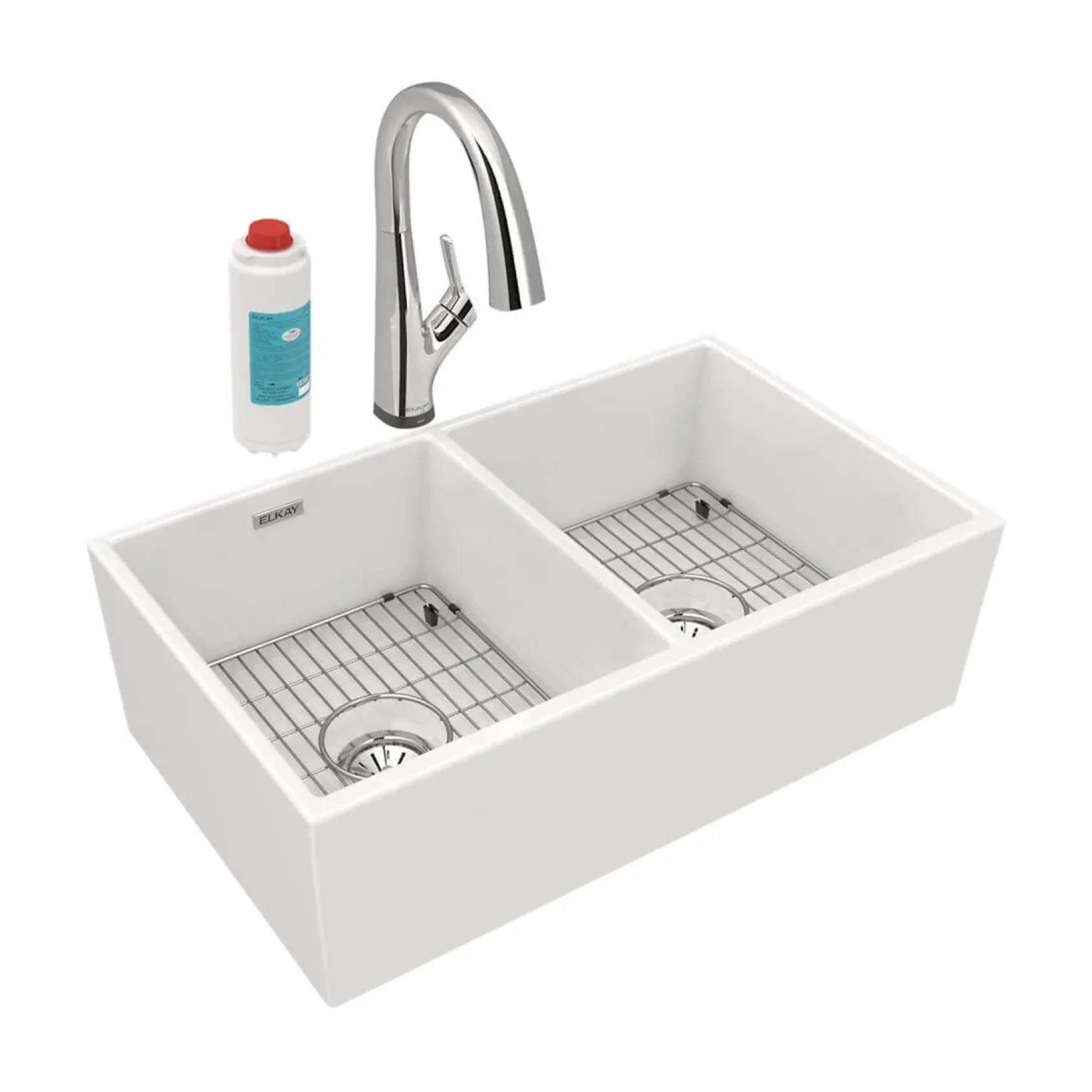 Elkay 33" Fireclay Farmhouse Sink Kit with Faucet, 50/50 Double Bowl, White, SWUF32189WHFLC