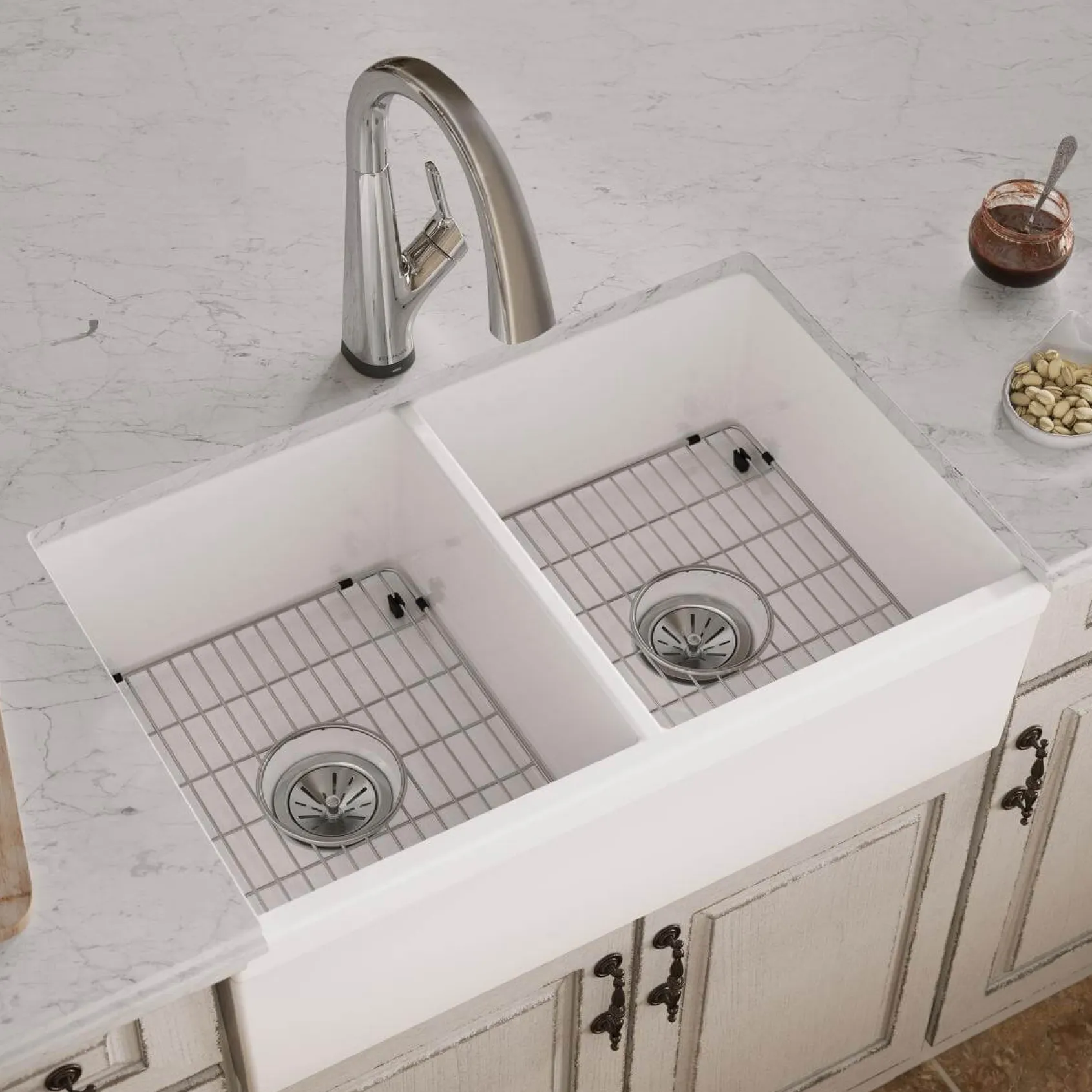 Elkay 33" Fireclay Farmhouse Sink Kit with Faucet, 50/50 Double Bowl, White, SWUF32189WHFLC