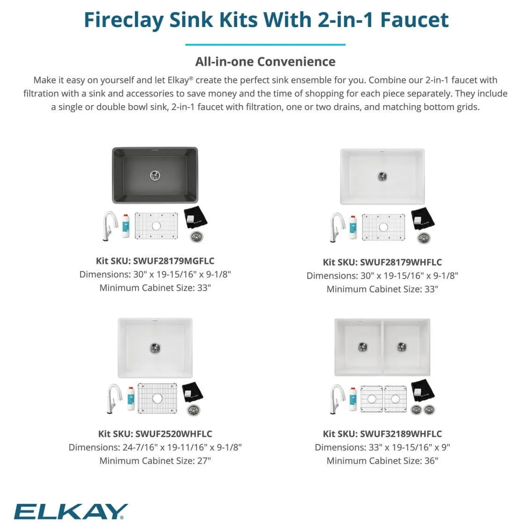 Elkay 33" Fireclay Farmhouse Sink Kit with Faucet, 50/50 Double Bowl, White, SWUF32189WHFLC