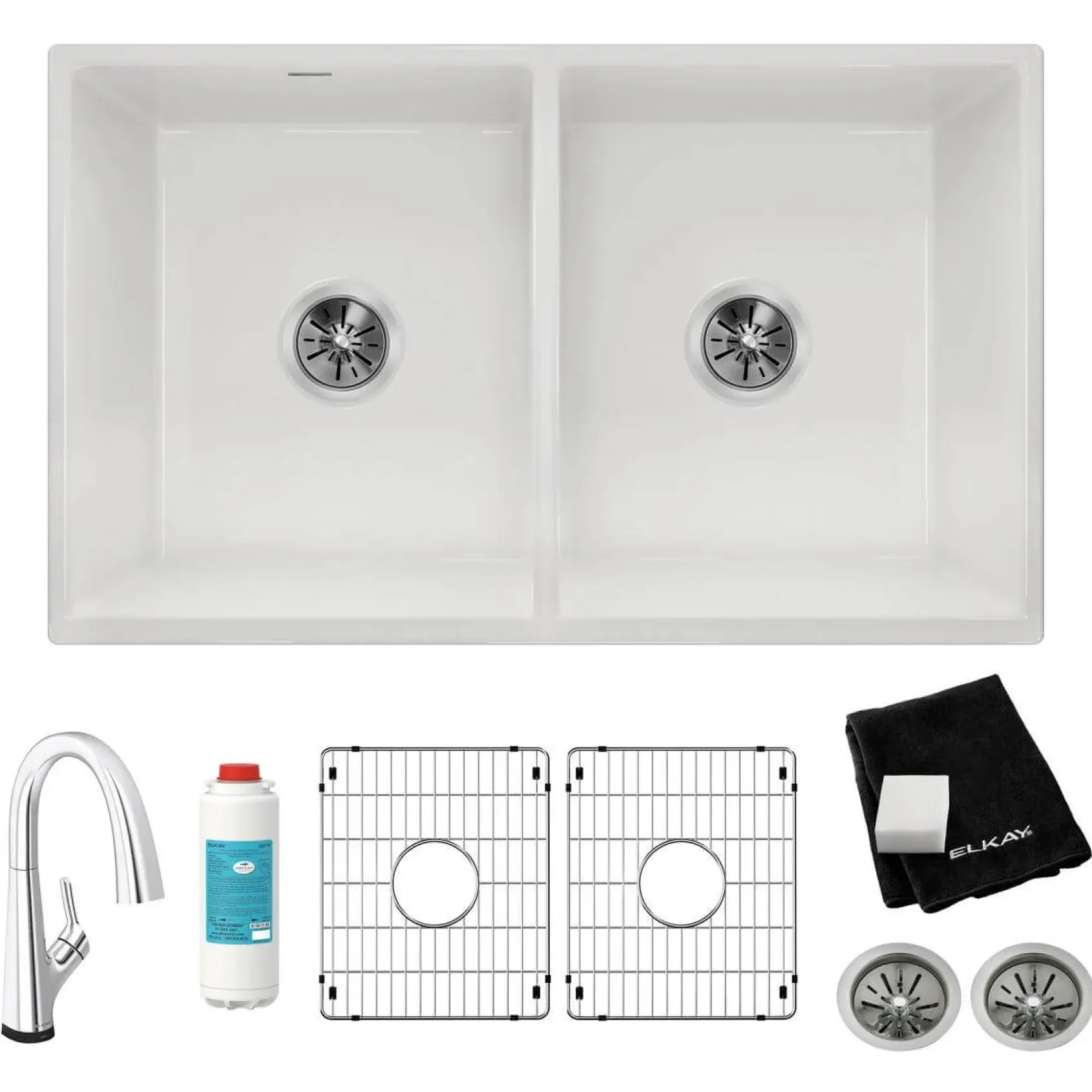 Elkay 33" Fireclay Farmhouse Sink Kit with Faucet, 50/50 Double Bowl, White, SWUF32189WHFLC