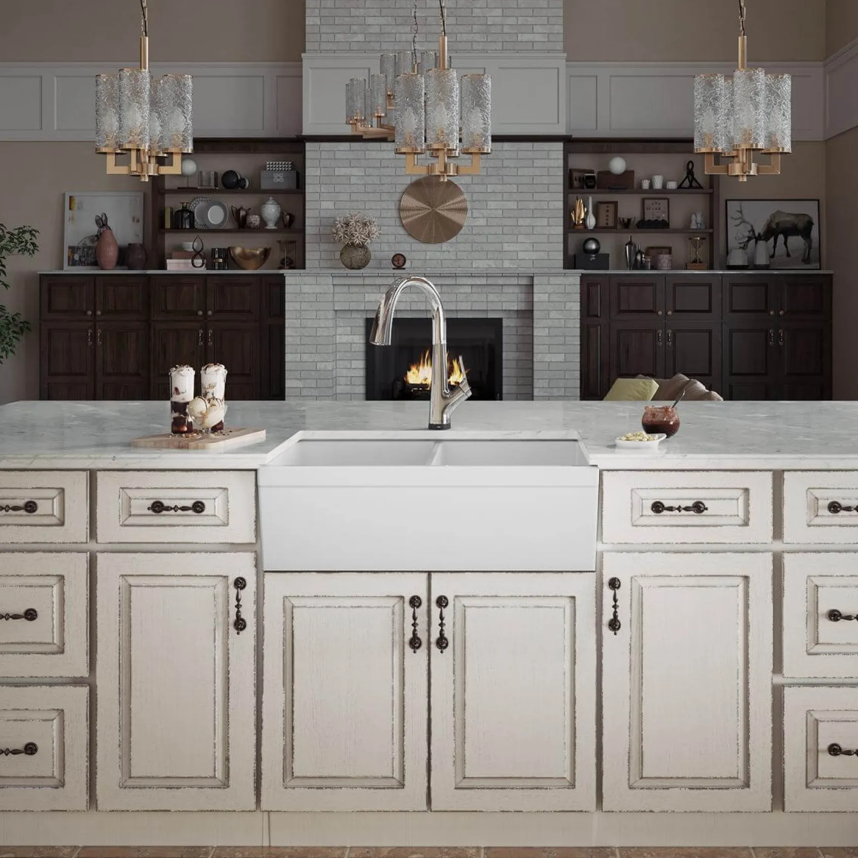 Elkay 33" Fireclay Farmhouse Sink Kit with Faucet, 50/50 Double Bowl, White, SWUF32189WHFLC