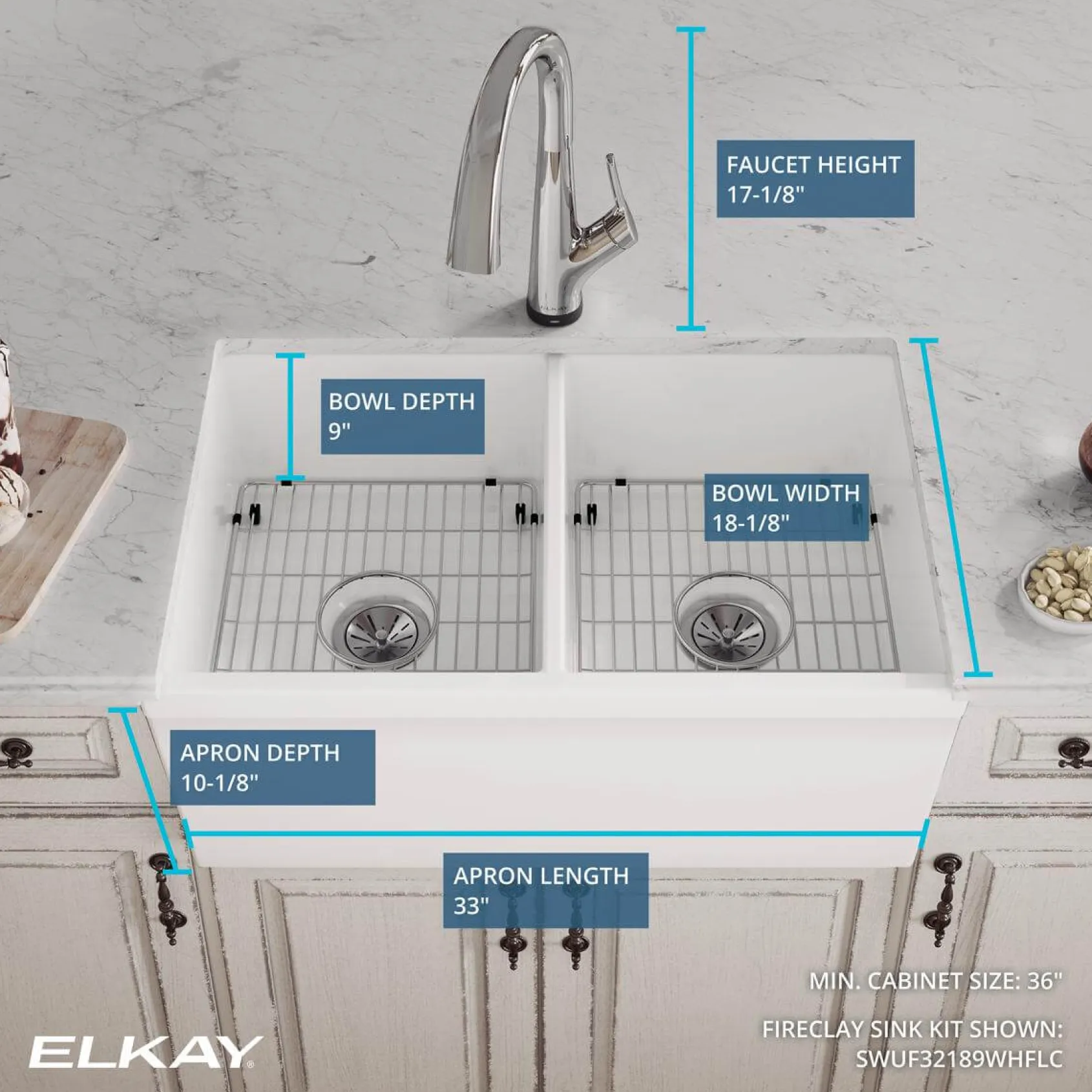 Elkay 33" Fireclay Farmhouse Sink Kit with Faucet, 50/50 Double Bowl, White, SWUF32189WHFLC