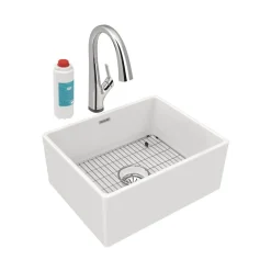 Elkay 24" Fireclay Farmhouse Sink Kit with Faucet, Single Bowl White, SWUF2520WHFLC