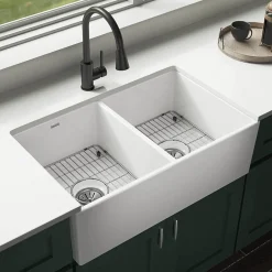 Elkay 33" Fireclay Farmhouse Sink Kit, 50/50 Double Bowl, White, SWUF32189WHC
