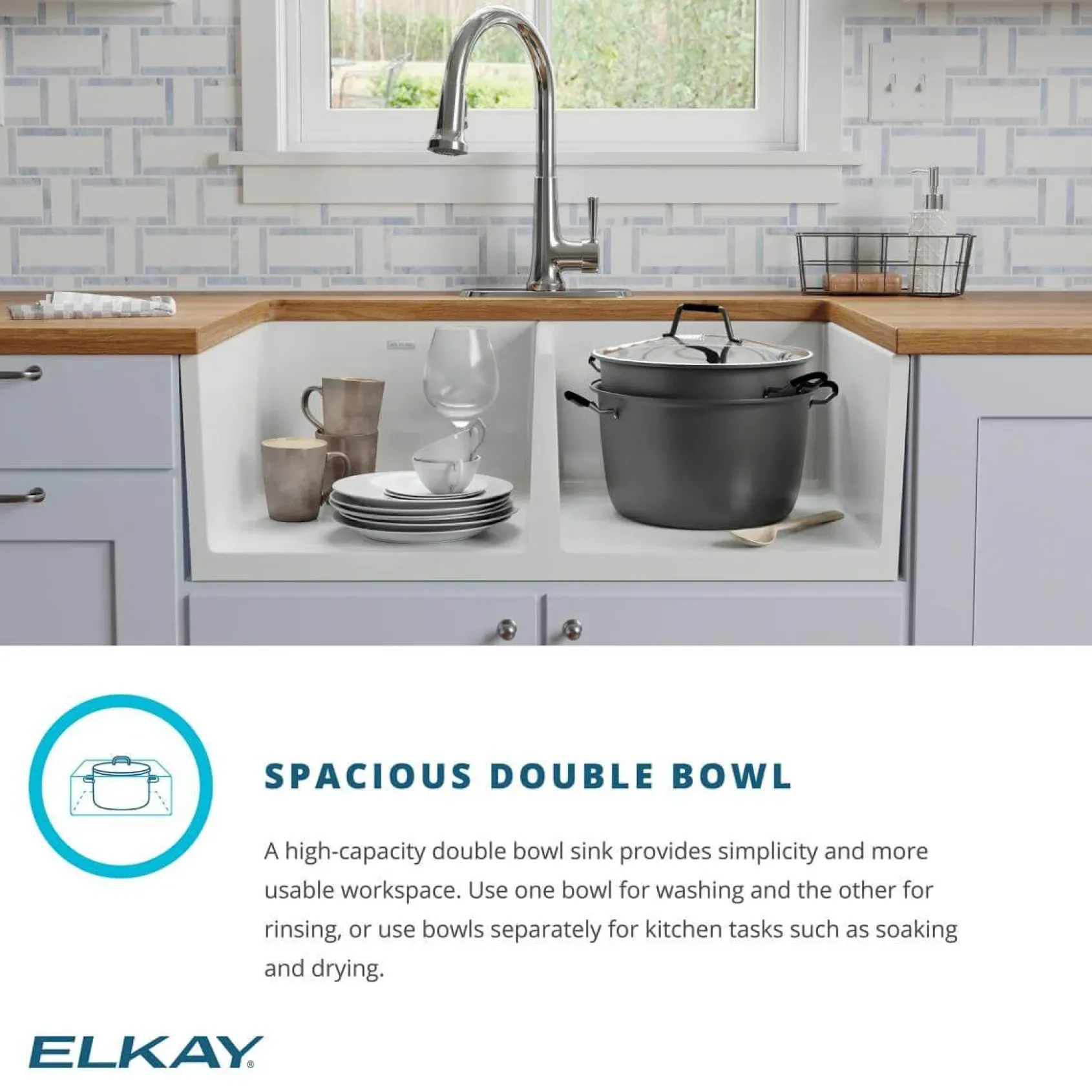 Elkay 33" Fireclay Farmhouse Sink Kit, 50/50 Double Bowl, White, SWUF32189WHC
