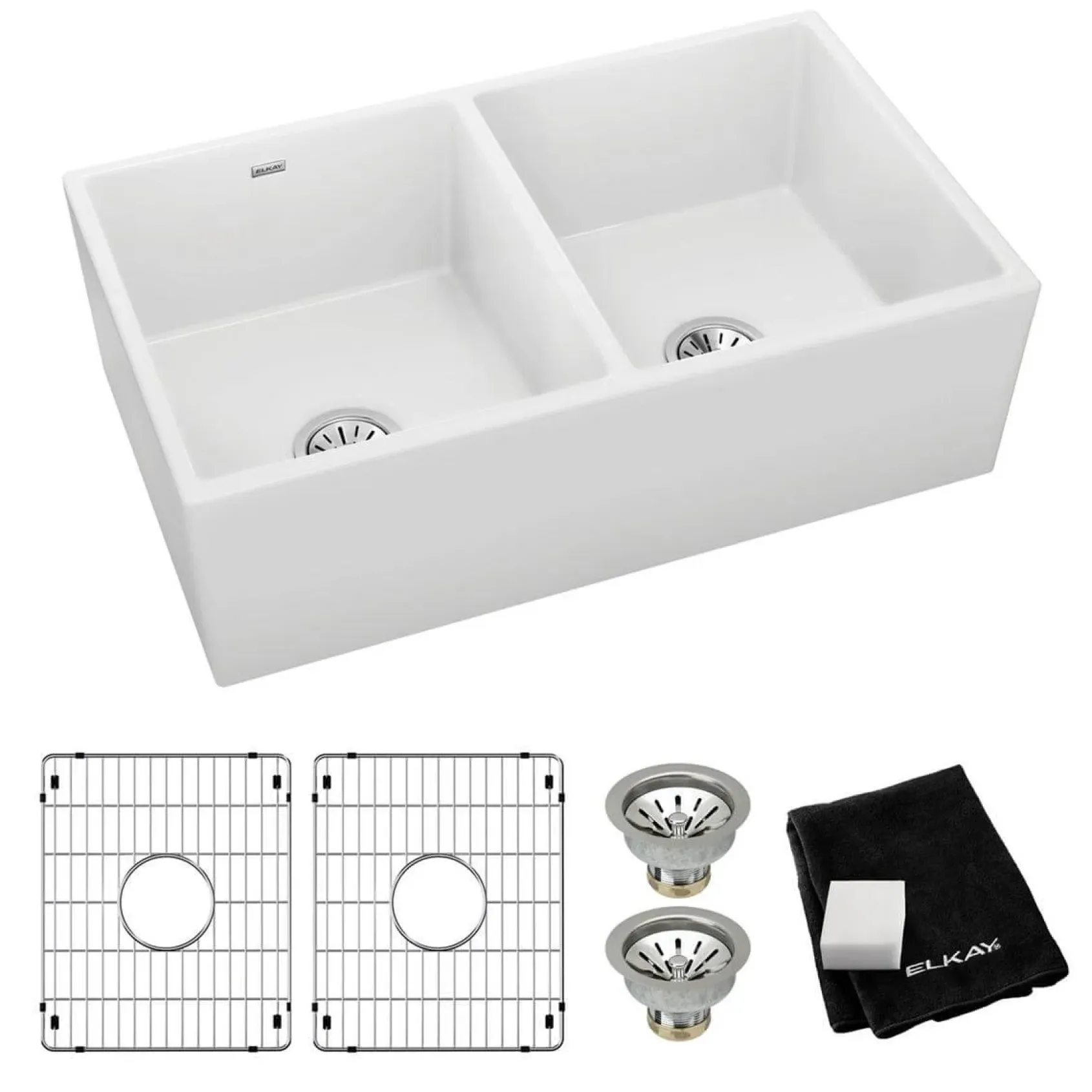 Elkay 33" Fireclay Farmhouse Sink Kit, 50/50 Double Bowl, White, SWUF32189WHC