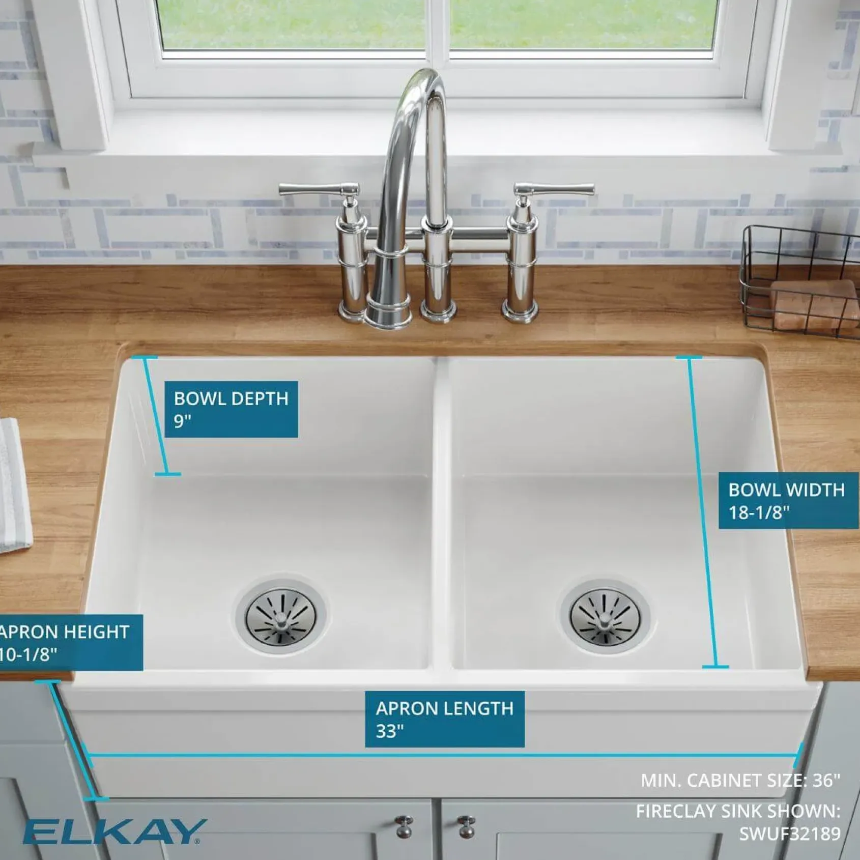 Elkay 33" Fireclay Farmhouse Sink Kit, 50/50 Double Bowl, White, SWUF32189WHC