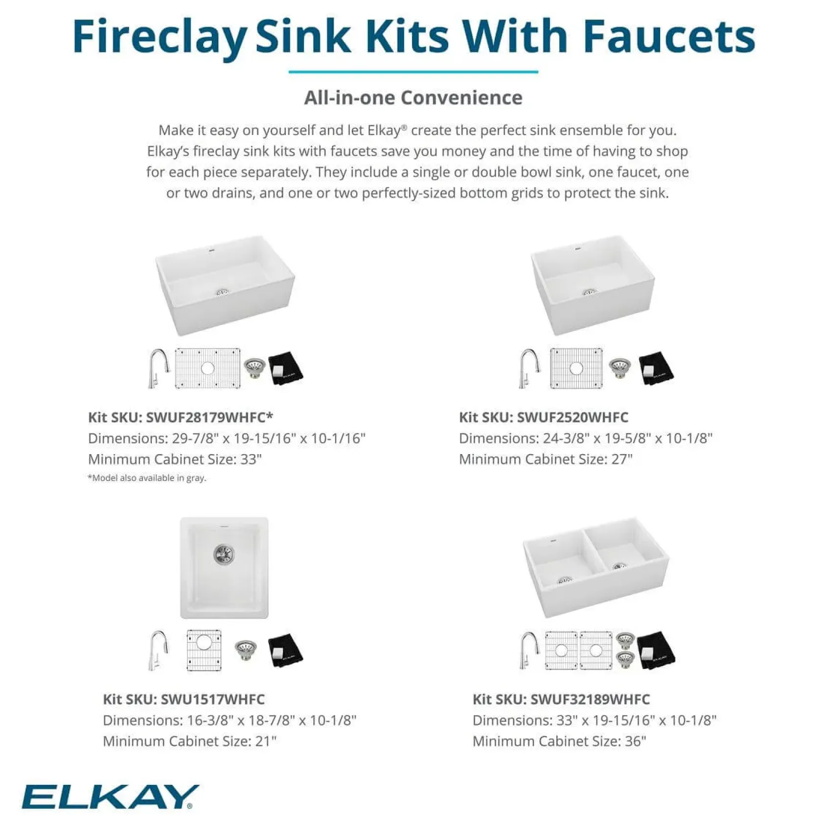 Elkay 33" Fireclay Farmhouse Sink Kit, 50/50 Double Bowl, White, SWUF32189WHC
